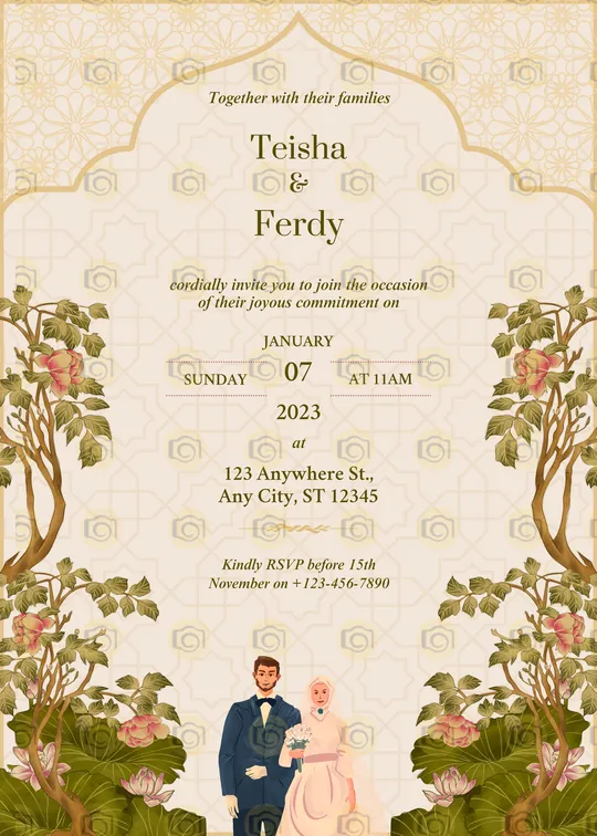Beautiful Wedding Invitation Illustrating A Couple In A Blooming Garden, Featuring Intricate Floral Patterns And Graceful Fonts